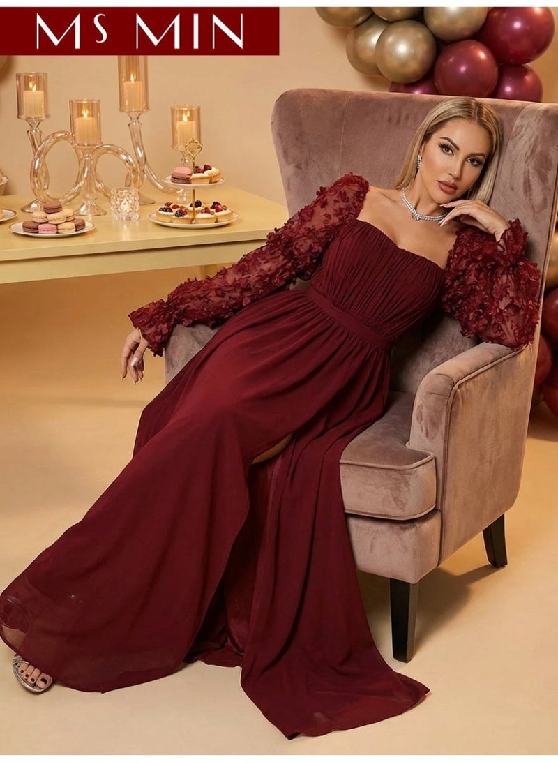 MS MIN Elegant Burgundy Evening Dress for Women – Long Sleeve Formal Party Gown - Image 2
